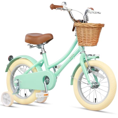 Glerc 16 Zoll Kinder Mädchen Fahrrad für 4 5 6 7 8 Jahre alt kleine Mädchen Retro Vintage-Stil Fahrräder mit Korb Training Räder und Glocke, Mintgrün von Glerc