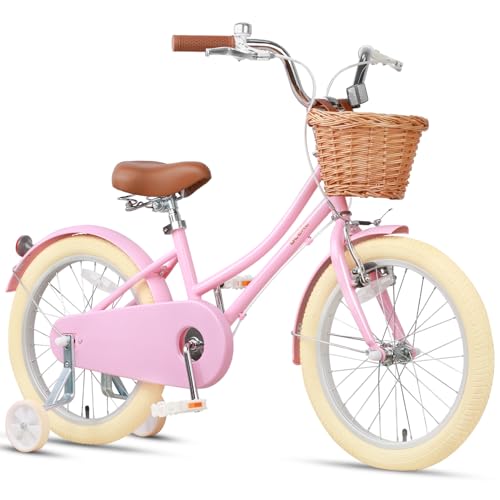 Glerc 18 Zoll Kinder Mädchen Fahrrad für 14 Jahre alt kleine Mädchen Retro Vintage-Stil Fahrräder mit Korb Training Räder und Glocke, Rosa von Glerc