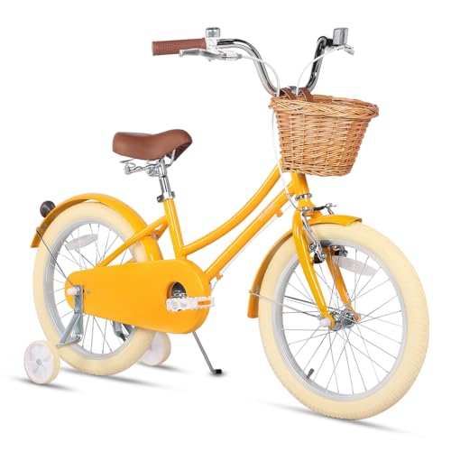 Glerc 18 Zoll Kinder Mädchen Fahrrad für 5 6 7 8 Jahre alt kleine Mädchen Retro Vintage-Stil Fahrräder mit Korb Training Räder und Glocke, Gelb Glerc 18 Zoll Kinder Mädchen Fahrrad für 5 6 7 8 Jahre alt kleine Mädchen Retro Vintage-Stil Fahrräder mit Korb Training Räder und Glocke, Gelb von Glerc