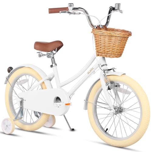 Glerc 18 Zoll Kinder Mädchen Fahrrad für 5 6 7 8 Jahre alt kleine Mädchen Retro Vintage-Stil Fahrräder mit Korb Training Räder und Glocke, Pfirsich, Weiß von Glerc