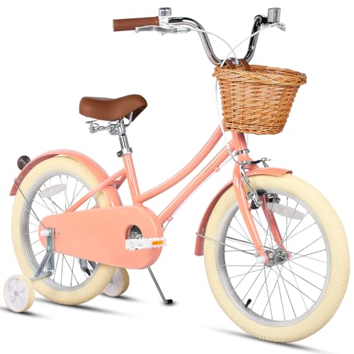 Glerc 18 Zoll Kinder Mädchen Fahrrad für 5 6 7 8 Jahre alt kleine Mädchen Retro Vintage-Stil Fahrräder mit Korb Training Räder und Glocke, Pfirsich Glerc 18 Zoll Kinder Mädchen Fahrrad für 5 6 7 8 Jahre alt kleine Mädchen Retro Vintage-Stil Fahrräder mit Korb Training Räder und Glocke, Pfirsich von Glerc