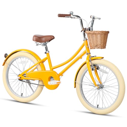 Glerc 20 Zoll Kinder Mädchen Fahrrad für 6 7 8 9 10 Jahre alt kleine Mädchen Retro Vintage-Stil Fahrräder mit Korb Training Räder und Glocke, Gelb Glerc 20 Zoll Kinder Mädchen Fahrrad für 6 7 8 9 10 Jahre alt kleine Mädchen Retro Vintage-Stil Fahrräder mit Korb Training Räder und Glocke, Gelb von Glerc