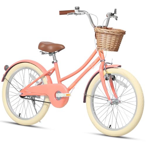 Glerc 20 Zoll Kinder Mädchen Fahrrad für 6 7 8 9 10 Jahre alt kleine Mädchen Retro Vintage-Stil Fahrräder mit Korb Training Räder und Glocke, Pfirsich Glerc 20 Zoll Kinder Mädchen Fahrrad für 6 7 8 9 10 Jahre alt kleine Mädchen Retro Vintage-Stil Fahrräder mit Korb Training Räder und Glocke, Pfirsich von Glerc