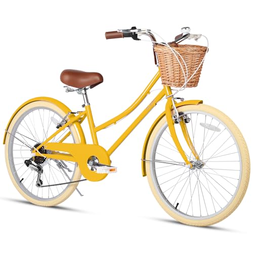 Glerc 24" Mädchen Cruiser Bike 6-Gang Cruiser Frauen Hybird Fahrrad für Alter 7 8 9 10 11 Jahre alt mit Weidenkorb, Lightweight Rahmen und Gabel, gelb von Glerc