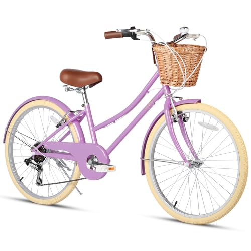 Glerc 24" Mädchen Cruiser Bike 6-Gang Cruiser Frauen Hybird Fahrrad für Alter 7 8 9 10 11 Jahre alt mit Weidenkorb. Leichter Rahmen und Gabel, lila von Glerc