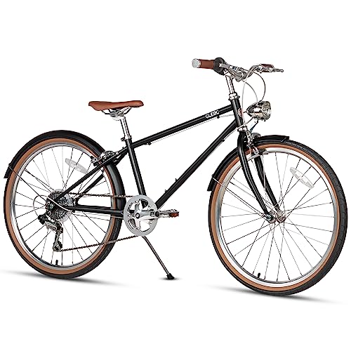 Glerc 24-Zoll-Hybrid-Fahrrad für Kinder von 8-12 Jahren, 6-Gang-Fahrrad im Retro-Stil für Jungen und Mädchen, Schwarz von Glerc