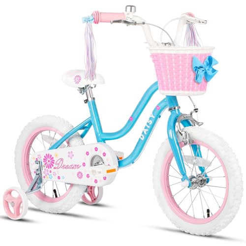 Glerc Daisy 16 Zoll Kinderfahrrad Alter 4 5 6 7 Jahre alte Mädchen Fahrrad mit Stützrädern & Korb & Luftschlangen，Blau von Glerc