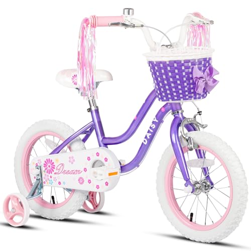 Glerc Daisy 16 Zoll Kinderfahrrad Alter 4 5 6 7 Jahre alte Mädchen Fahrrad mit Stützrädern & Korb & Luftschlangen，Lila von Glerc