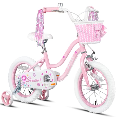 Glerc Daisy 16 Zoll Kinderfahrrad Alter 4 5 6 7 Jahre alte Mädchen Fahrrad mit Stützrädern & Korb & Luftschlangen，Rosa von Glerc