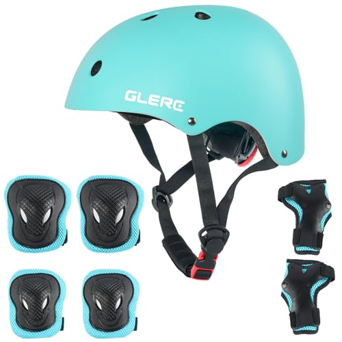Glerc Kinder Helm rotective Gear Set, Knie-Ellenbogen-Handgelenk-Pads für über 8 Jahre alt Jungen Mädchen, Schutzausrüstung einstellbar Set für Skateboard Roller Roller Radfahren Skaten, M, Cyan Glerc Kinder Helm rotective Gear Set, Knie-Ellenbogen-Handgelenk-Pads für über 8 Jahre alt Jungen Mädchen, Schutzausrüstung einstellbar Set für Skateboard Roller Roller Radfahren Skaten, M, Cyan von Glerc