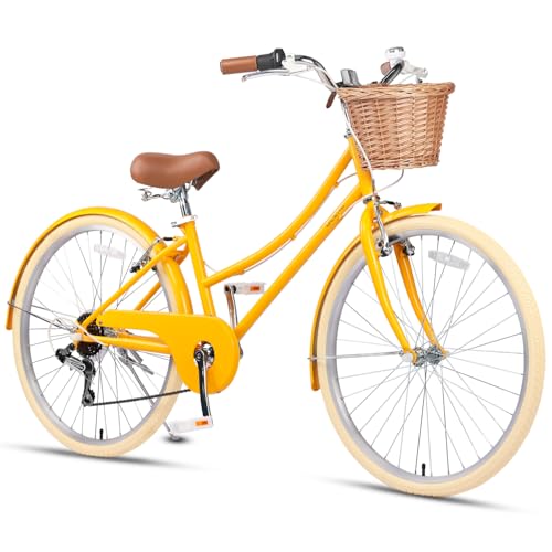 Glerc Missy 26" Zoll Mädchen Cruiser Jugend Teen Frau Fahrrad Shimano 6-Gang Teen Hybrid Fahrrad für Jugendliche im Alter von 14 15 16 17 18 19 20 Jahre alt mit Weidenkorb & Leichtgewicht,Gelb von Glerc