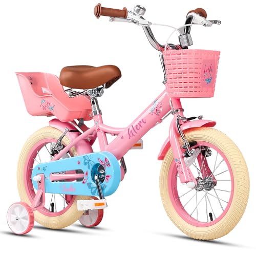 Glerc Sasha 12 Zoll Kinderfahrrad für 2- bis 4-jährige Mädchen im Retro-Vintage-Stil mit Puppenfahrradsitz und Stützrädern Rosa von Glerc