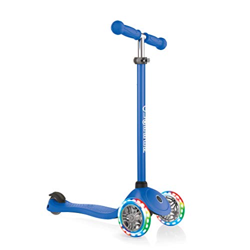 Globber Primo Lights – Tretroller Kinder, 120/80 mm, ABEC 5, 3-rädrig, höhenverstellbar, LED-Leuchtrollen, dunkelblau von Globber