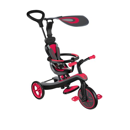 GLOBBER EXPLORER TRIKE 4in1 – Kinderwagen, Dreirad und Laufrad, 10/8,5 Zoll, TPR-Sitz, höhenverstellbar, rot von Globber