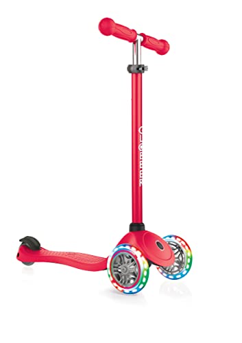 Globber Primo Lights – Tretroller Kinder, 120/80 mm, ABEC 5, 3-rädrig, höhenverstellbar, LED-Leuchtrollen, rot von Globber