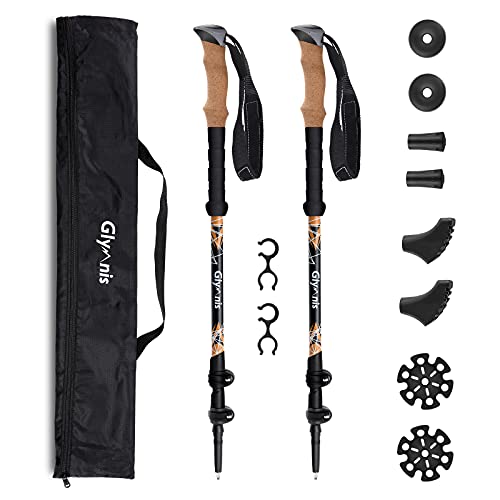 Glymnis Carbon Nordic Walking Stöcke Wanderstöcke verstellbar 65-135cm Trekkingstöcke Klemmverschluss Korkgriff mit 4 Paar Gummipuffers Schwarz von Glymnis