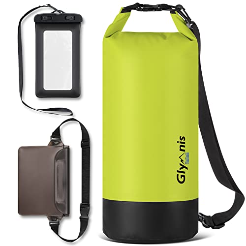 Glymnis Dry Bag wasserdichte Tasche 10L 20L Wasserdichter Packsack mit Bauchtasche und Tragegurt Waterproof für Wassersport Strand Schwimmen Bootfahren Reisen Camping (Hellgrün, 10L) von Glymnis