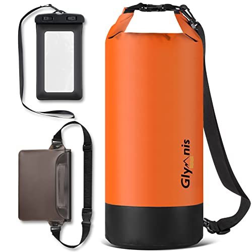 Glymnis Dry Bag wasserdichte Tasche 10L 20L Wasserdichter Packsack mit Bauchtasche und Tragegurt Waterproof für Wassersport Strand Schwimmen Bootfahren Reisen Camping (Orange, 20L) von Glymnis