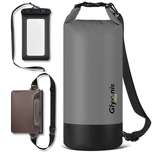 Glymnis Dry Bag wasserdichte Tasche 10L 20L Wasserdichter Packsack mit Bauchtasche und Tragegurt Waterproof für Wassersport Strand Schwimmen Bootfahren Reisen Camping (Schwarz, 20L) von Glymnis