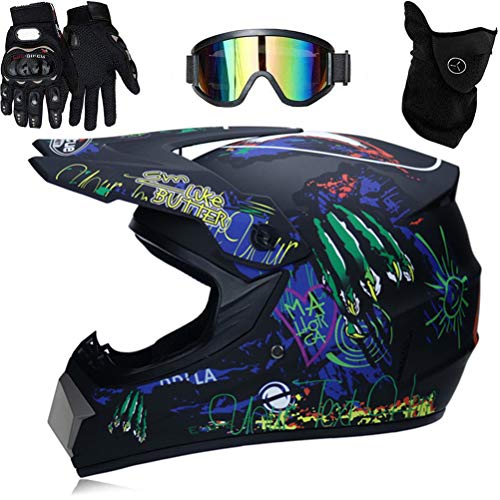 Gmuret Professioneller Motocross-Helm Kinder und Erwachsene, Motocross-Helm, Dirt Bike, mit Schutzbrille, Handschuhe, Reitmaske von Gmuret