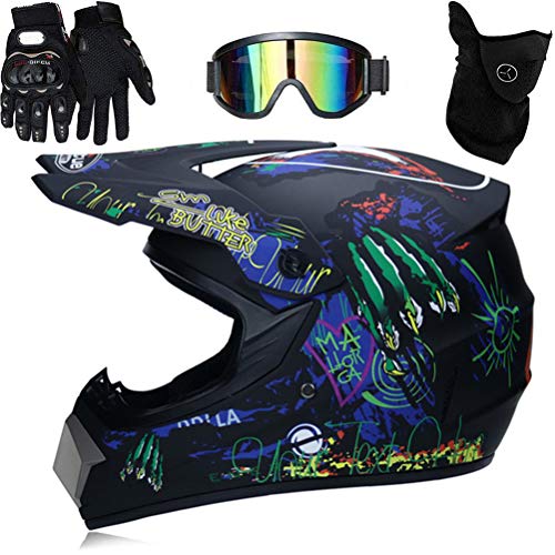 Gmuret Professioneller Motocross Helm für Kinder Erwachsene, Motocross Dirt Bike Offroad Motorradhelm Set mit Schutzbrille Handschuhe Reitmaske von Gmuret