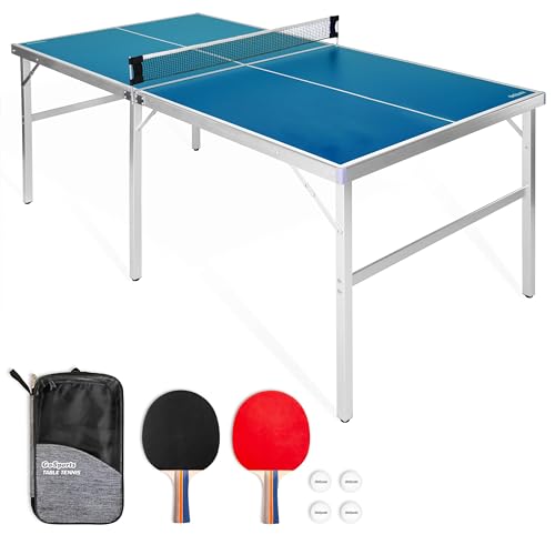 GoSports Unisex, Teenager Tennis Tables Tischtennisspiel-Set für drinnen und draußen, tragbar, mit Netz, 2 Tischtennis-Paddeln und 4 Bällen, 1,8 x 0,9 m, blau von GoSports