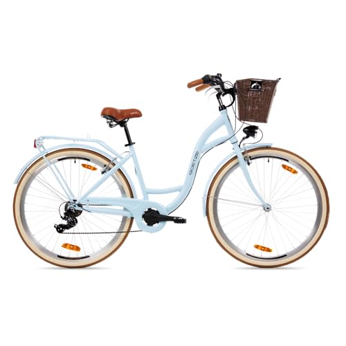 Goetze Mood 28 Zoll Damen Citybike, 18 Zoll Tiefeinsteiger Rahmen, 7-Gang Kettenschaltung, V-Bremse, LED-Beleuchtung, Gepäckträger, Komfortsattel, Schutzbleche, Rattankorb mit Stoffeinsatz! von Goetze