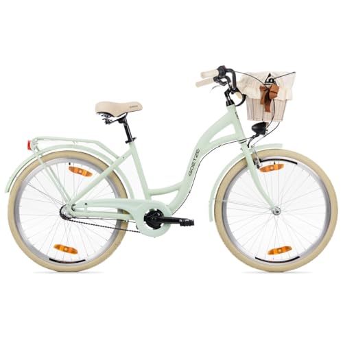 Goetze Style 26 Zoll Damen Citybike, 17 Zoll Tiefeinsteiger ALU Rahmen, 3-Gang Nabenschaltung, Rücktrittbremse, LED-Beleuchtung, Gepäckträger, Komfortsattel, Schutzbleche, Rattankorb mit Stoffeinsatz! von Goetze