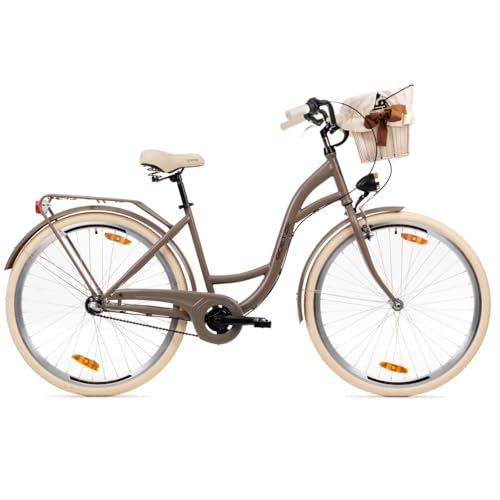 Goetze Style 28 Zoll Damen Citybike, 18 Zoll Rahmen, Tiefeinsteiger, 3-Gang Nabenschaltung, Rücktrittbremse, LED-Beleuchtung, Gepäckträger, Komfortsattel, Schutzbleche, Rattankorb mit Stoffeinsatz! von Goetze