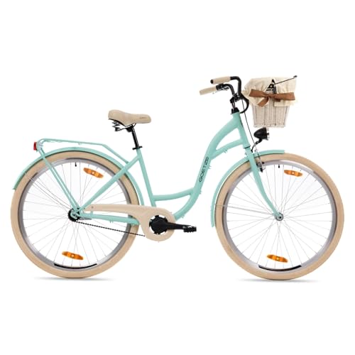 Goetze Style 28 Zoll Damen Citybike, Tiefeinsteiger, 1-Gang Rücktrittbremse, LED-Beleuchtung, Gepäckträger, Komfortsattel, Schutzbleche, Rattankorb mit Stoffeinsatz, Stilvolles Hollandrad! von Goetze