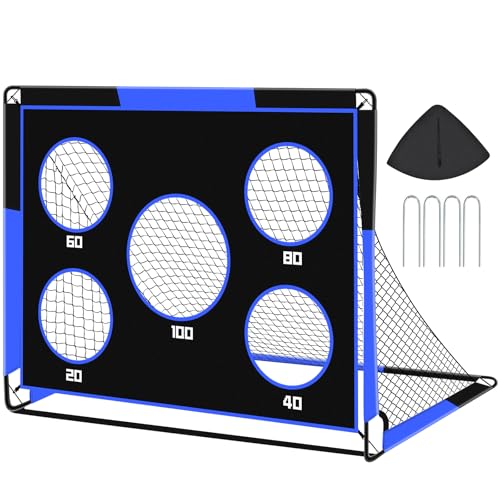 Gofady Fußballtor für Kinder, 2-in-1-Fußballnetz zum Aufklappen mit 5 Zielen, 4 U-förmigen Stahlpfählen und Tragetasche, Fußballtrainingsgerät für drinnen und draußen (Blau, 150 * 120cm) von Gofady