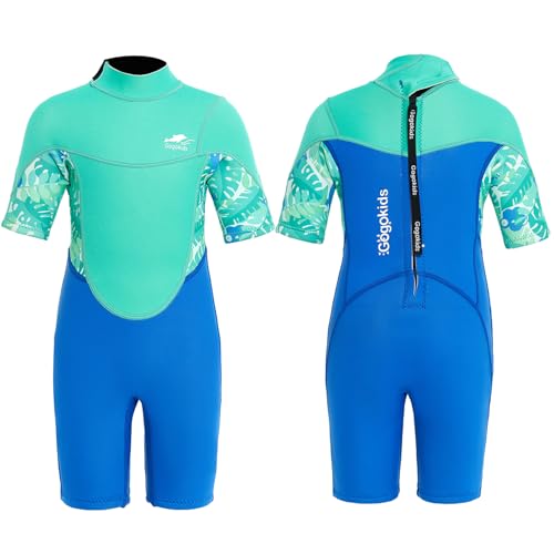 Gogokids Shorty Neoprenanzug Kinder, 2,5mm Neoprenanzüge Rückenreißverschluss Kleinkinder Kurze Nassanzüge Komfort & Wärme, UV Neopren für Schwimmen, Schnorcheln und Surfen, Alter 5-6 Jung, Grün von Gogokids