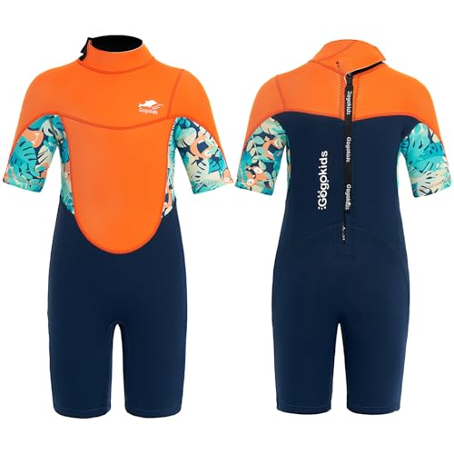 Gogokids Shorty Neoprenanzug Kinder, 2,5mm Neoprenanzüge Rückenreißverschluss Kleinkinder Kurze Nassanzüge Komfort & Wärme, UV Neopren für Schwimmen, Schnorcheln und Surfen, Alter 5-6 Jung, Orange von Gogokids