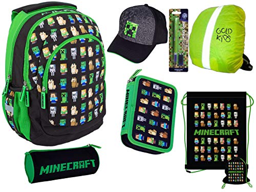 7er Set Schulrucksack Ranzen Federmappe Turnbeutel Minecraft Motiv erste Klasse Mütze Füller Game Regenhülle Schlampermäppchen Sportbeutel Schirmmütze Kapperl Schreibfeder Füllerfederhalter von Goldkids