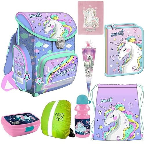 Goldkids Einhorn Unicorn Schulranzenset Schulrucksack Kinderrucksack, Federmappe, Schuhbeutel, Lunchset, Zuckertüte, Tagebuch, Regenschutz Motivdruck 8-teilig von Goldkids