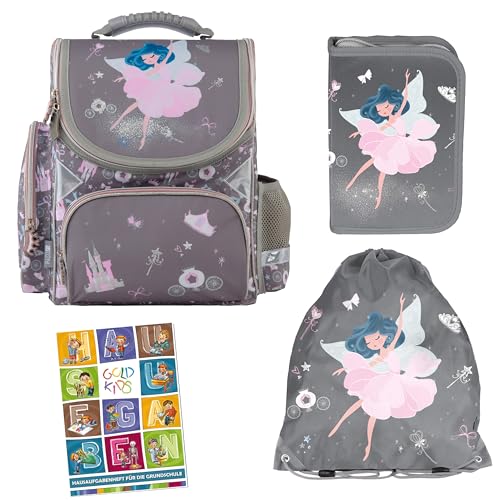 Goldkids - Schulranzen für Jungen und Mädchen, 4er-Set - Schul-Rucksack für Kinder mit Federmäppchen - Schuhbeutel und Hausaufgabenheft - Ballerina Motiv - 1-3 Klasse Goldkids - Schulranzen für Jungen und Mädchen, 4er-Set - Schul-Rucksack für Kinder mit Federmäppchen - Schuhbeutel und Hausaufgabenheft - Ballerina Motiv - 1-3 Klasse von Goldkids