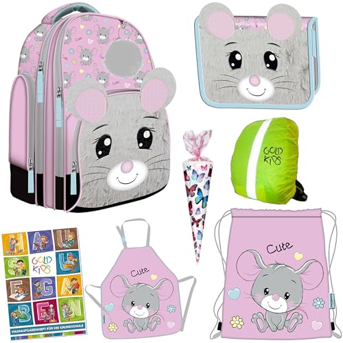 GOLDKIDS - Schulranzen für Jungen und Mädchen ab 1 Klasse - Schul-Rucksack für Kinder mit Mouse-Motiv - Federmäppchen - Schuhbeutel - Schürze Zuckertüte - Regenschutz und Hausaufgabenheft - 1-3 Klasse von Goldkids