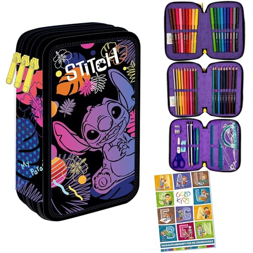 Goldkids - Federmäppchen 3 Fächer - Mäppchen für Mädchen und Jungen - Federmappe 3-Fach Federtasche Gefüllte Schüleretui 46-teilig - Schulmäppchen und Hausaufgabenheft - Stitch Motiv Goldkids - Federmäppchen 3 Fächer - Mäppchen für Mädchen und Jungen - Federmappe 3-Fach Federtasche Gefüllte Schüleretui 46-teilig - Schulmäppchen und Hausaufgabenheft - Stitch Motiv von Goldkids