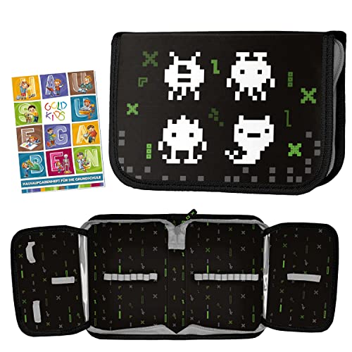 Goldkids Federmappe Federmäppchen Federtasche Pixel Game Motiv Schüleretui Stiftetasche Schlamper-Etui Schul-Etui ohne Inhalt inkl Hausaufgabenheft von Goldkids