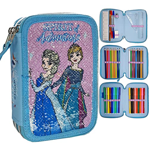 Goldkids Frozen Eiskönigin Anna ELSA Olaf XXL Pailletten Federtasche Federmappe Federmäppchen Schüleretui Federtasche Federpenal Schülmäppchen 44-teilig gefüllt von Goldkids