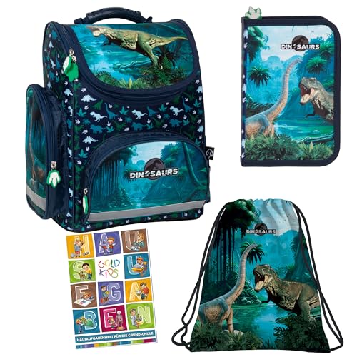 Goldkids - Schulranzen für Jungen und Madchen, 4er-Set - Schul-Rucksack für Kinder mit Federmäppchen - Schuhbeutel und Hausaufgabenheft - Dinosaurier Motiv - 1-3 Klasse Goldkids - Schulranzen für Jungen und Madchen, 4er-Set - Schul-Rucksack für Kinder mit Federmäppchen - Schuhbeutel und Hausaufgabenheft - Dinosaurier Motiv - 1-3 Klasse von Goldkids
