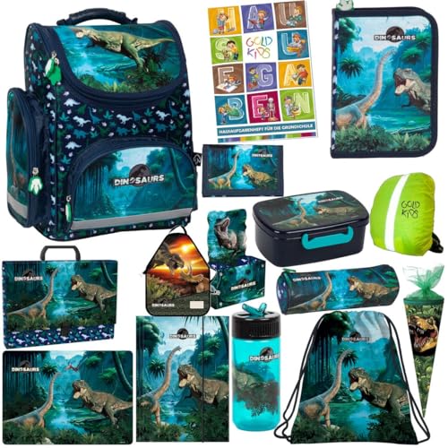 Goldkids - Schulranzen für Jungen und Mädchen, 15er-Set - Schul-Rucksack für Kinder mit Federmäppchen - Schuhbeutel Malunterlage Sammelmappe und Hausaufgabenheft - Dinosaurier Motiv - 1-3 Klasse Goldkids - Schulranzen für Jungen und Mädchen, 15er-Set - Schul-Rucksack für Kinder mit Federmäppchen - Schuhbeutel Malunterlage Sammelmappe und Hausaufgabenheft - Dinosaurier Motiv - 1-3 Klasse von Goldkids
