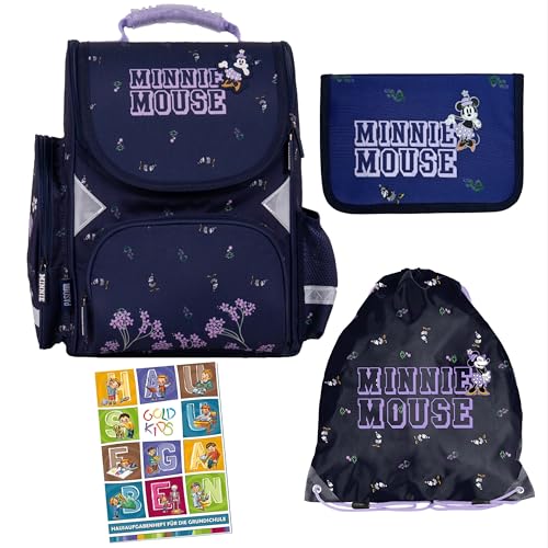Goldkids - Schulranzen für Jungen und Mädchen, 4er-Set - Schul-Rucksack für Kinder mit Federmäppchen - Schuhbeutel und Hausaufgabenheft - Minnie Mouse Motiv - 1-3 Klasse von Goldkids
