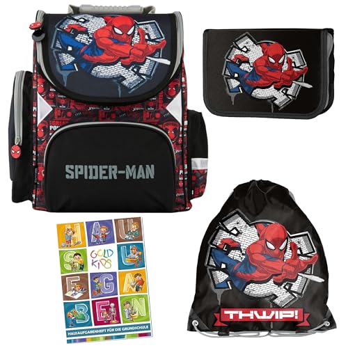 Goldkids - Schulranzen für Jungen und Mädchen, 4er-Set - Schul-Rucksack für Kinder mit Federmäppchen - Schuhbeutel und Hausaufgabenheft - Spider-Man Motiv - 1-3 Klasse Goldkids - Schulranzen für Jungen und Mädchen, 4er-Set - Schul-Rucksack für Kinder mit Federmäppchen - Schuhbeutel und Hausaufgabenheft - Spider-Man Motiv - 1-3 Klasse von Goldkids
