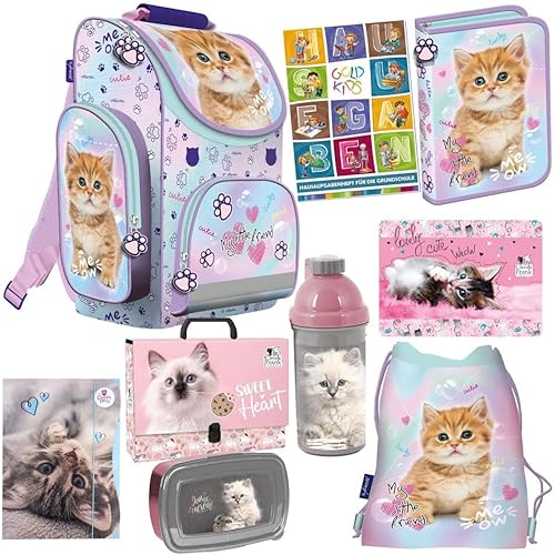 Goldkids - Schulranzen für Jungen und Mädchen, 9er-Set - Schul-Rucksack für Kinder mit Federmäppchen - Schuhbeutel Brotdose Trinkflasche Sammelmappe - Katze Motiv - 1-3 Klasse Goldkids - Schulranzen für Jungen und Mädchen, 9er-Set - Schul-Rucksack für Kinder mit Federmäppchen - Schuhbeutel Brotdose Trinkflasche Sammelmappe - Katze Motiv - 1-3 Klasse von Goldkids