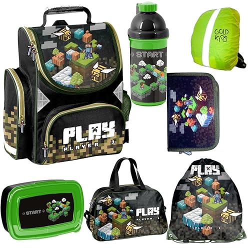 Schulranzen Set Jungen 1. klasse 7-teilig Ranzen Tornister Schulrucksack Federmappe Turnbeutel Turnsack Brotdose Trinkflasche Sporttasche Regenschutz Game Pixel Motiv mäppchen Schulranzen Set Jungen 1. klasse 7-teilig Ranzen Tornister Schulrucksack Federmappe Turnbeutel Turnsack Brotdose Trinkflasche Sporttasche Regenschutz Game Pixel Motiv mäppchen von Goldkids