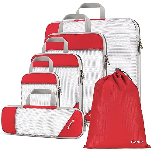 Compression Packing Cube 6-teilig, Gonex robust & langlebig | Verpackungswürfel, Packtaschen, Kleidertasche, Koffer-Organizer, Aufbewahrungstasche - Rot von Gonex