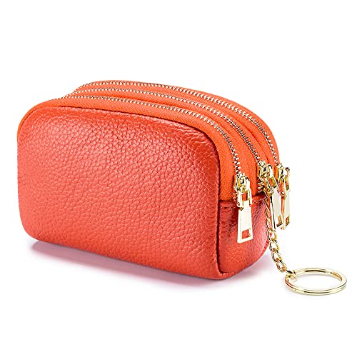 GOOPAI Geldbörse mit 3 Reißverschluss, echtes Leder, Münzgeldbörse, dreifache Kapazität, kleine Reisebrieftasche mit Schlüsselring für Damen, Orange, Münztasche von Goopai