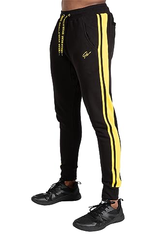 Gorilla Wear Banks Pants - Schwarz/Gelb zum Sport Freizeit Arbeit Outdoor Alltag Baumwolle Polyester mit Logo Bequem Streifen auf den Beinen Workout Bekleidung Joggen Laufen, L von Gorilla Wear