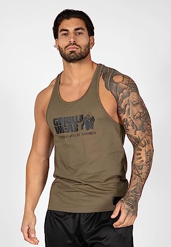 Gorilla Wear Classic Fitness Tank Top - Armeegrün - Bodybuilding Sport Freizeit mit Logo Aufdruck leicht und bequem für optimale Bewegung aus Baumwolle, L von Gorilla Wear